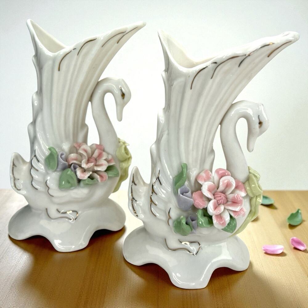 Vintage Porcelain Swan Candlestick Holders Pair 1980s Floral Pastel Decor